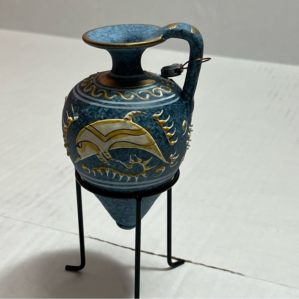 Blue Pottery Pitcher Dolphin and Sun Raised Relief Hand Painted Pitcher